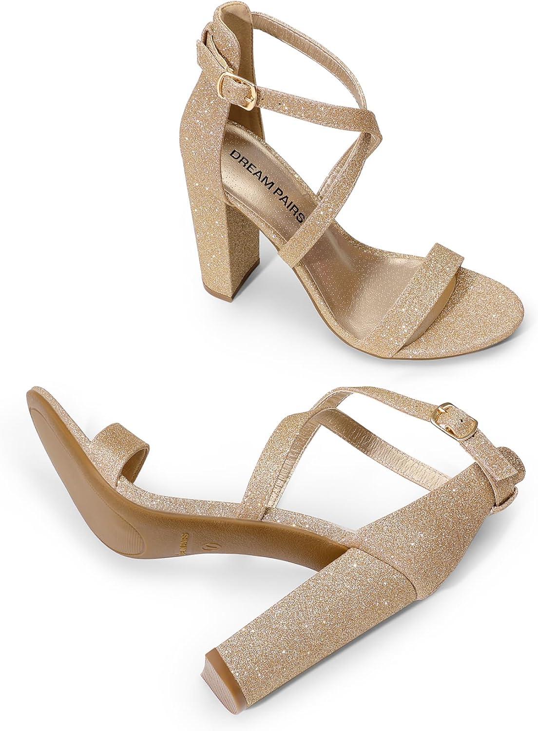 imageDREAM PAIRS 4 inch High Heels for Women Chunky Block Cross Strap Open Toe Dress Sandals for Wedding Bridal Evening Homecoming PromGold