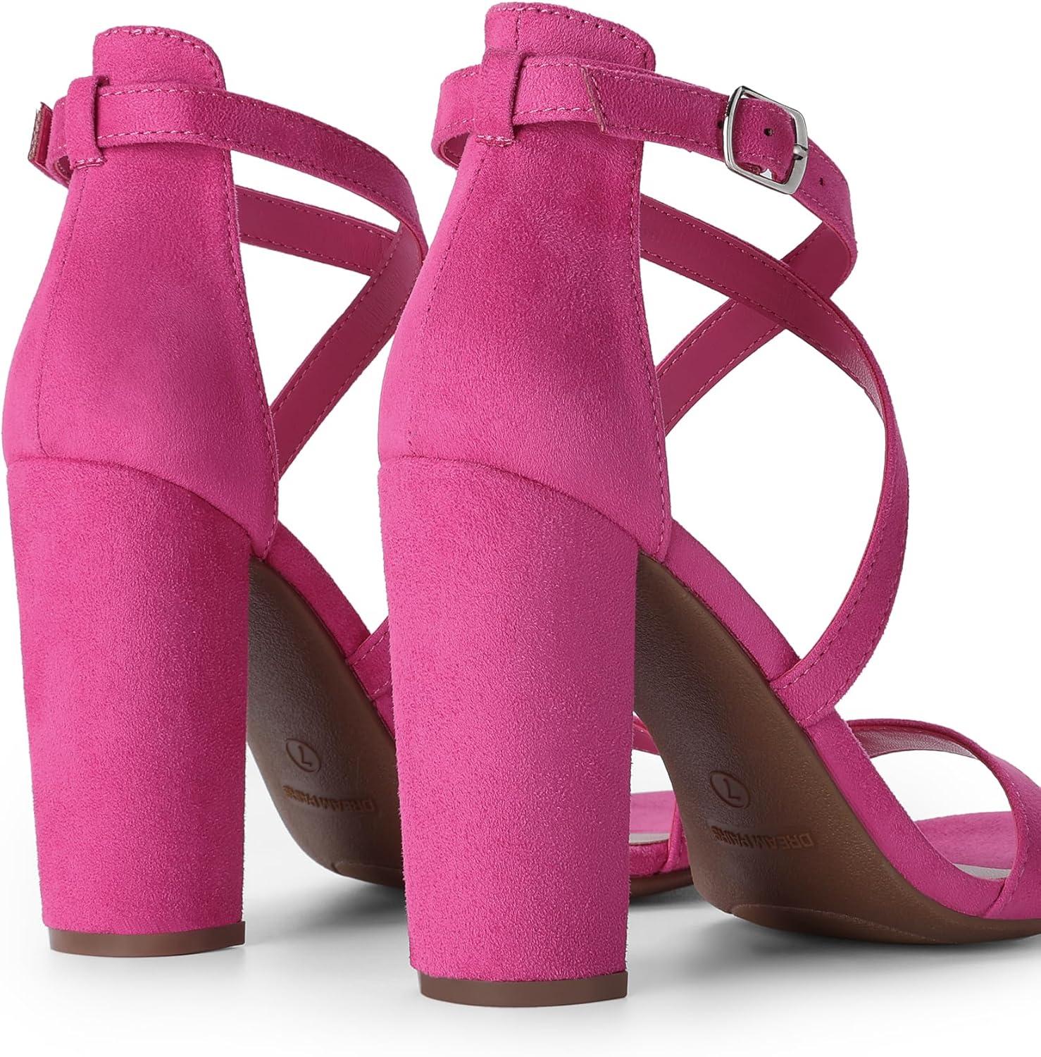 imageDREAM PAIRS 4 inch High Heels for Women Chunky Block Cross Strap Open Toe Dress Sandals for Wedding Bridal Evening Homecoming PromHot Pink