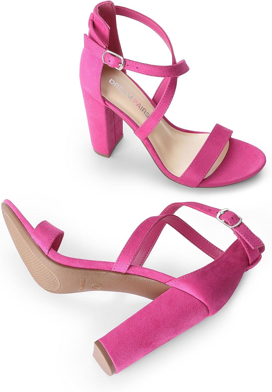 imageDREAM PAIRS 4 inch High Heels for Women Chunky Block Cross Strap Open Toe Dress Sandals for Wedding Bridal Evening Homecoming PromHot Pink