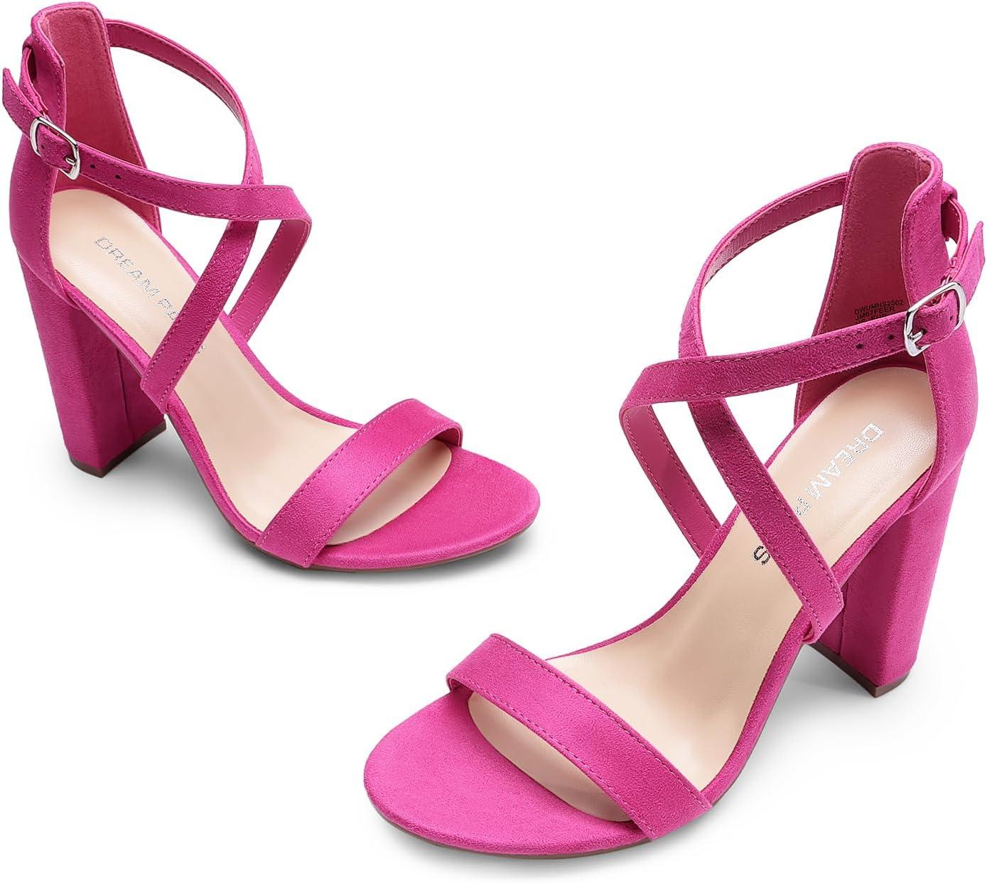 imageDREAM PAIRS 4 inch High Heels for Women Chunky Block Cross Strap Open Toe Dress Sandals for Wedding Bridal Evening Homecoming PromHot Pink