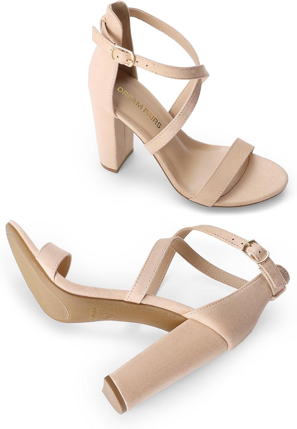 imageDREAM PAIRS 4 inch High Heels for Women Chunky Block Cross Strap Open Toe Dress Sandals for Wedding Bridal Evening Homecoming PromNude
