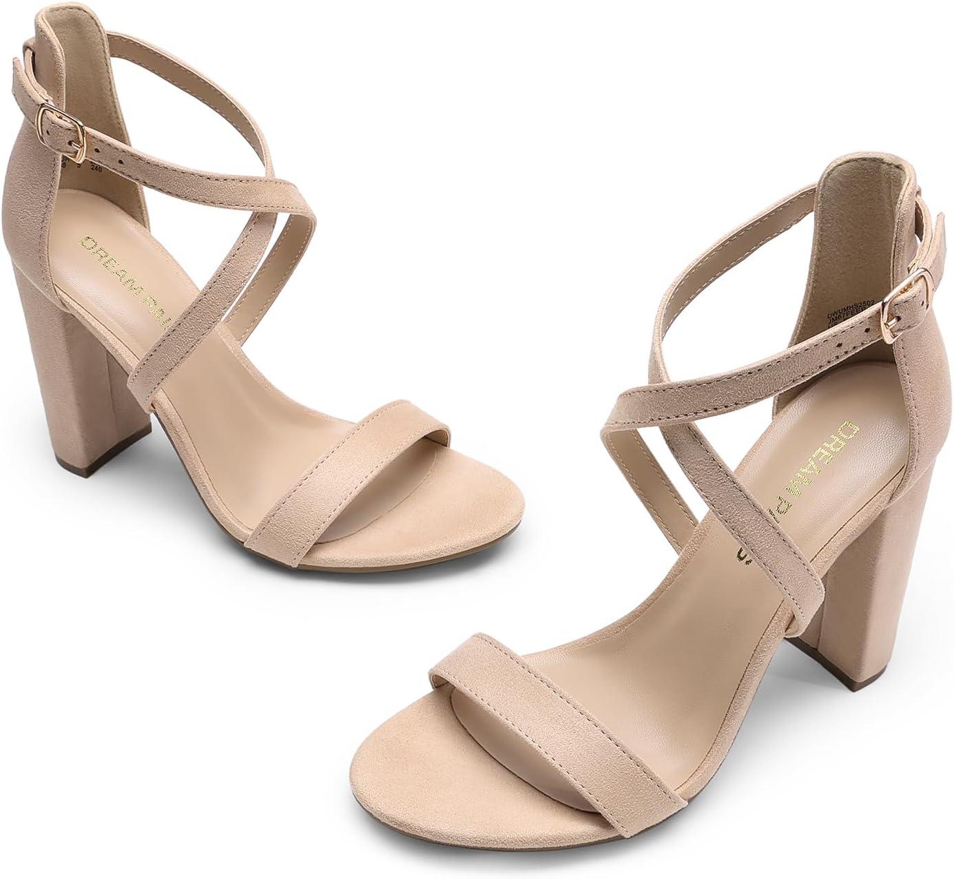 imageDREAM PAIRS 4 inch High Heels for Women Chunky Block Cross Strap Open Toe Dress Sandals for Wedding Bridal Evening Homecoming PromNude