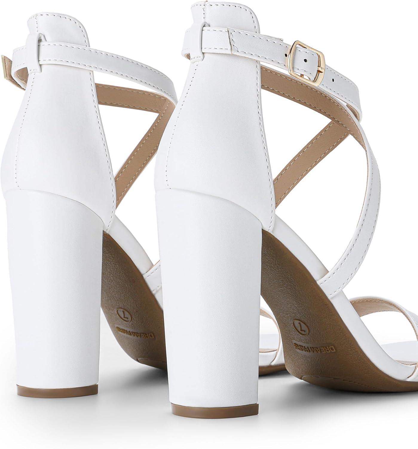 imageDREAM PAIRS 4 inch High Heels for Women Chunky Block Cross Strap Open Toe Dress Sandals for Wedding Bridal Evening Homecoming PromWhite