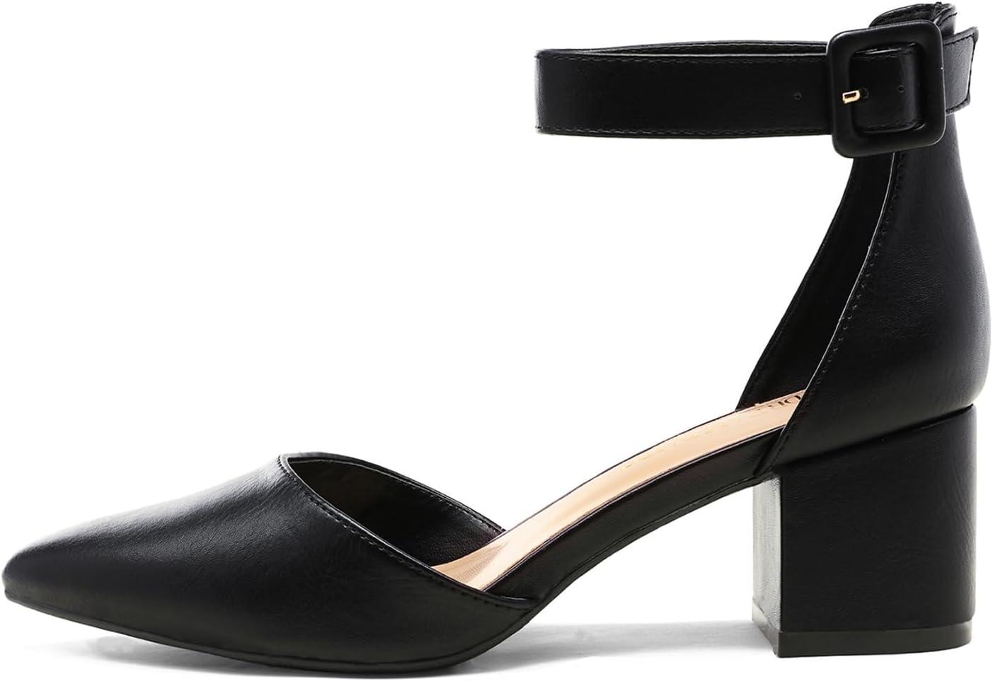 imageDREAM PAIRS ANNEE Pointed Toe Low Chunky Heels Pump ShoesBlackPu