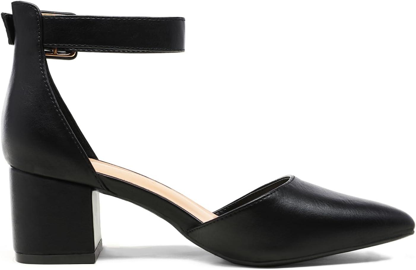 imageDREAM PAIRS ANNEE Pointed Toe Low Chunky Heels Pump ShoesBlackPu