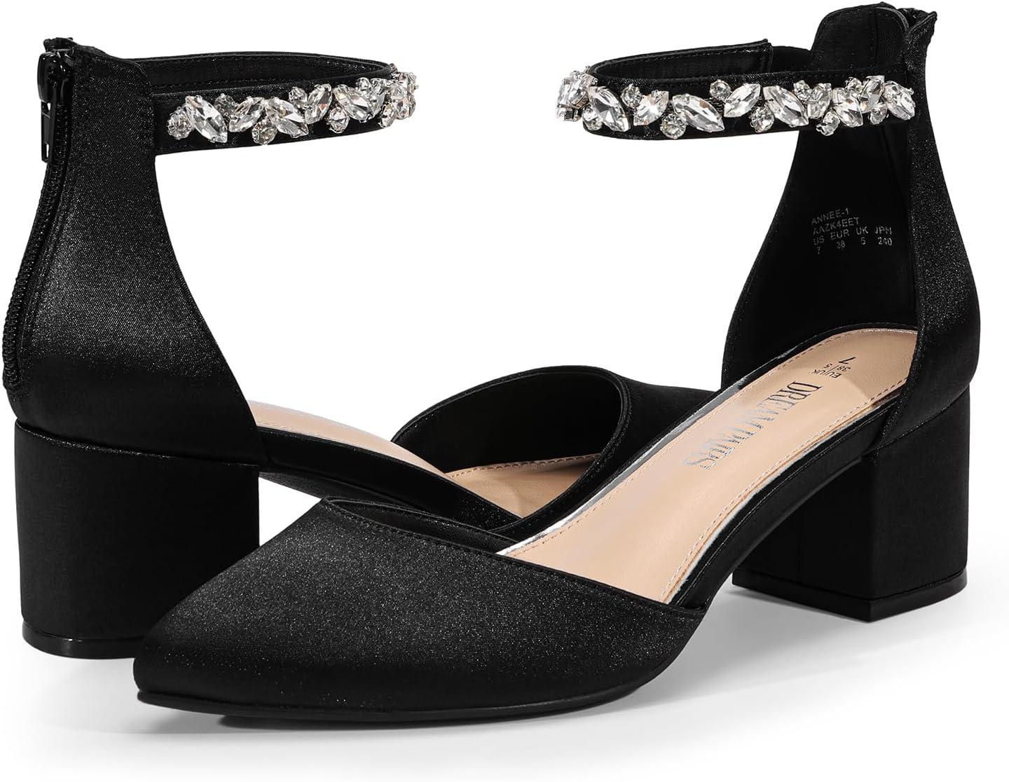 imageDREAM PAIRS ANNEE Pointed Toe Low Chunky Heels Pump ShoesBlackrhinestone