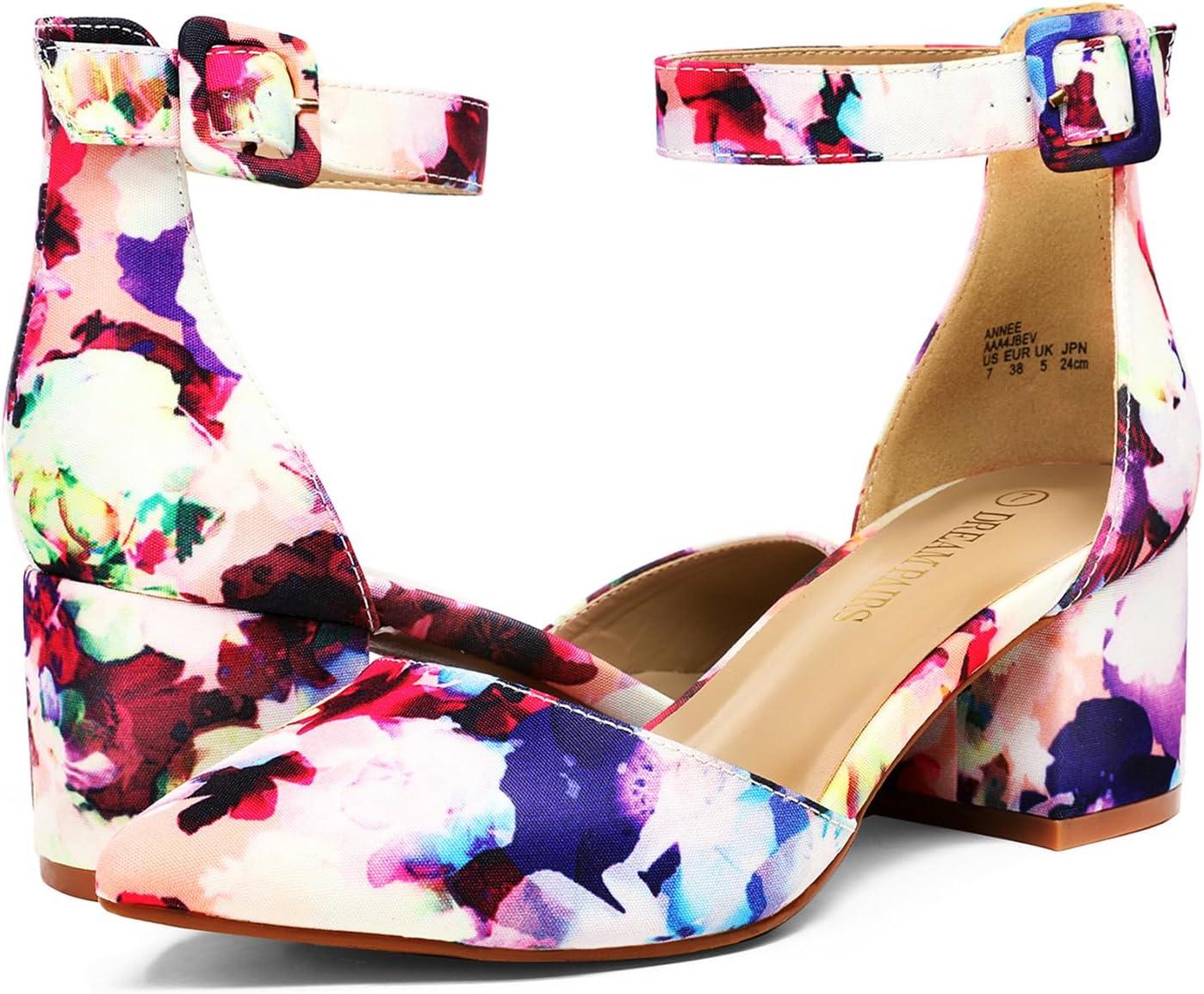 imageDREAM PAIRS ANNEE Pointed Toe Low Chunky Heels Pump ShoesFloral