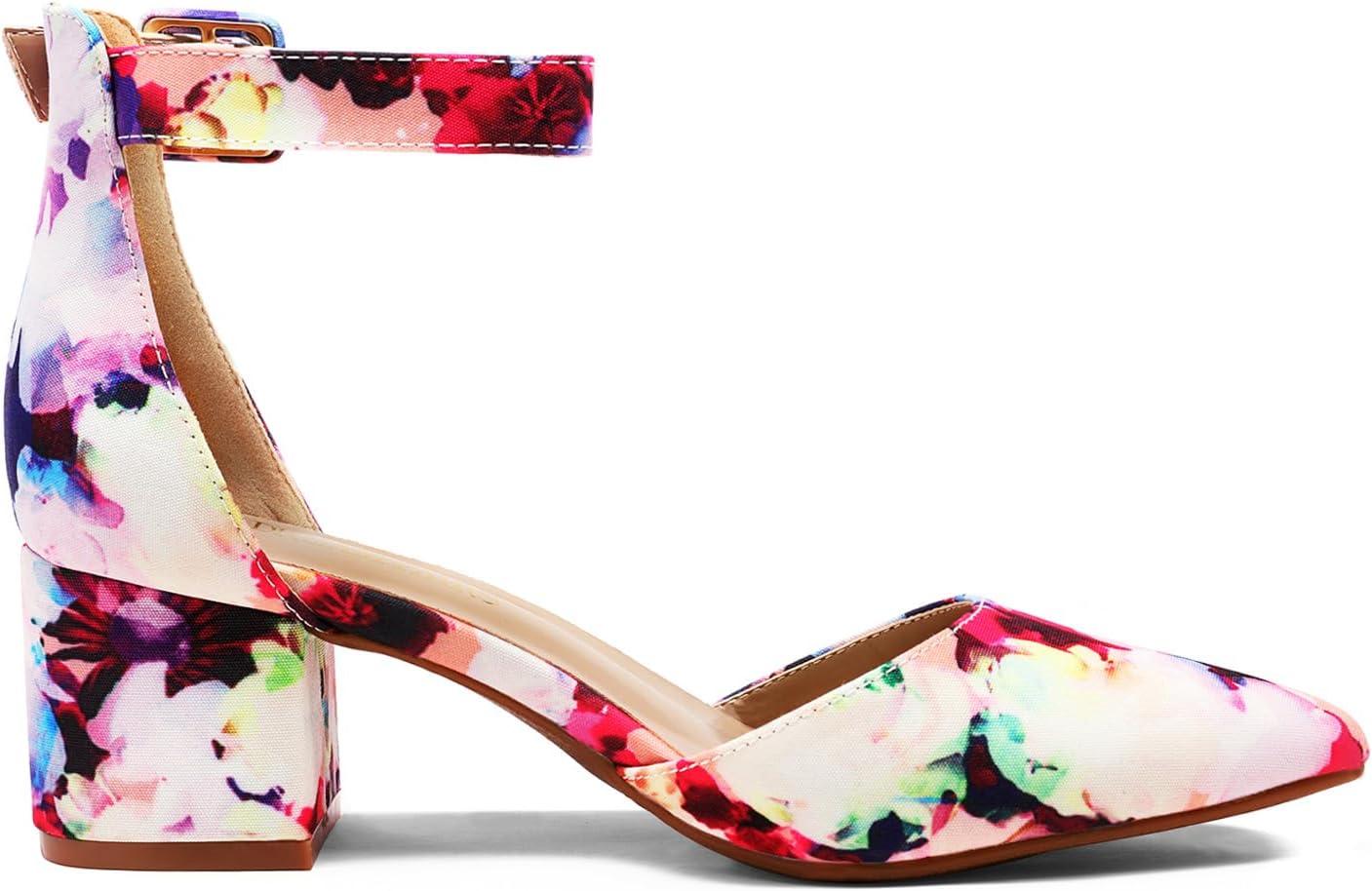 imageDREAM PAIRS ANNEE Pointed Toe Low Chunky Heels Pump ShoesFloral