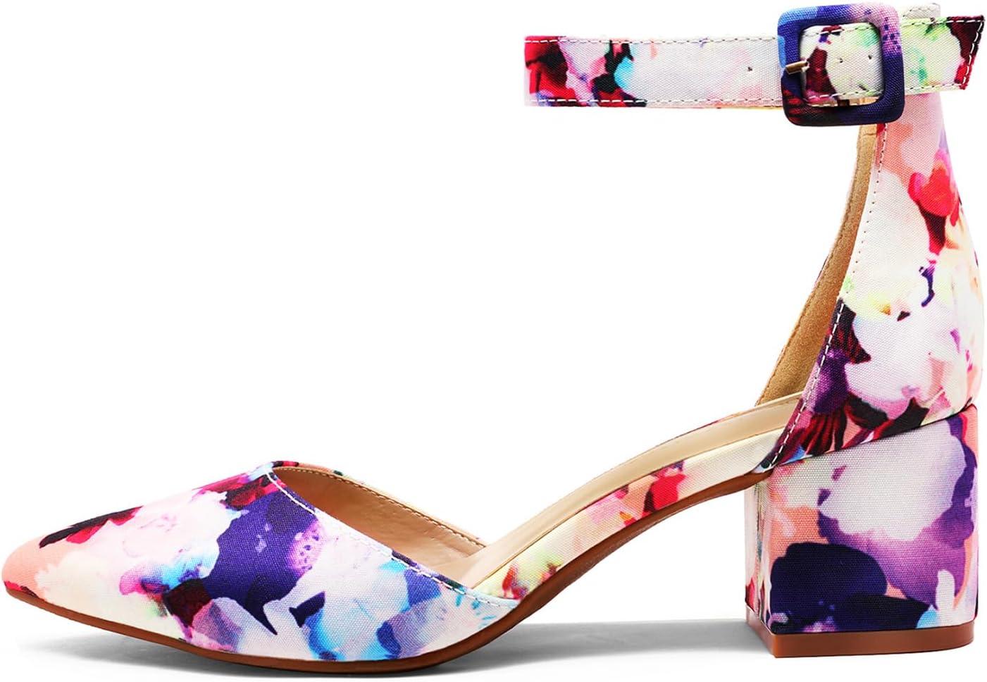 imageDREAM PAIRS ANNEE Pointed Toe Low Chunky Heels Pump ShoesFloral