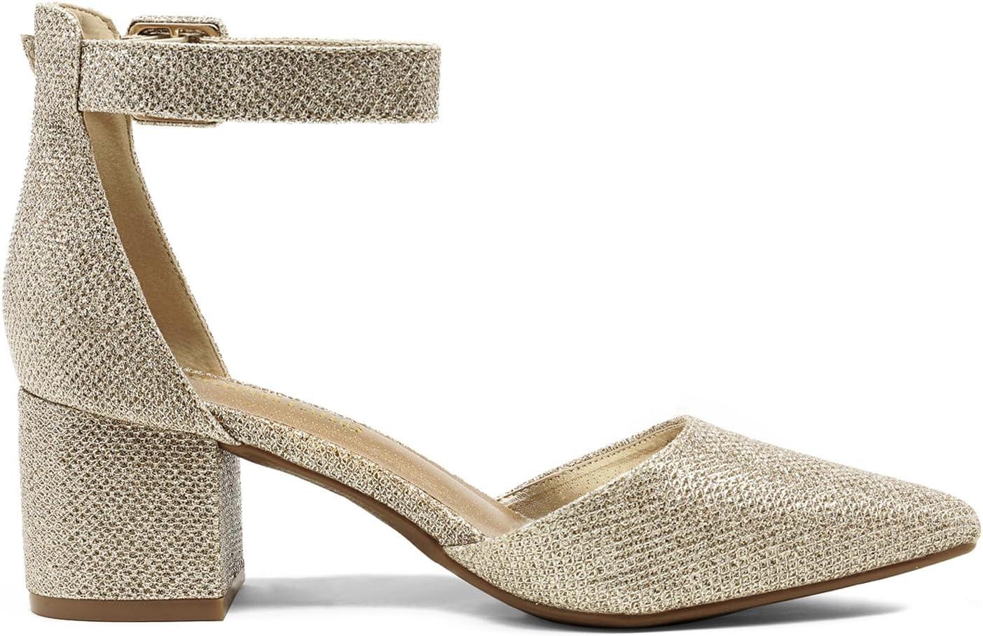 imageDREAM PAIRS ANNEE Pointed Toe Low Chunky Heels Pump ShoesGoldGlitter