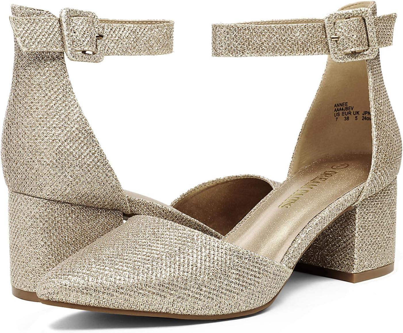 imageDREAM PAIRS ANNEE Pointed Toe Low Chunky Heels Pump ShoesGoldGlitter