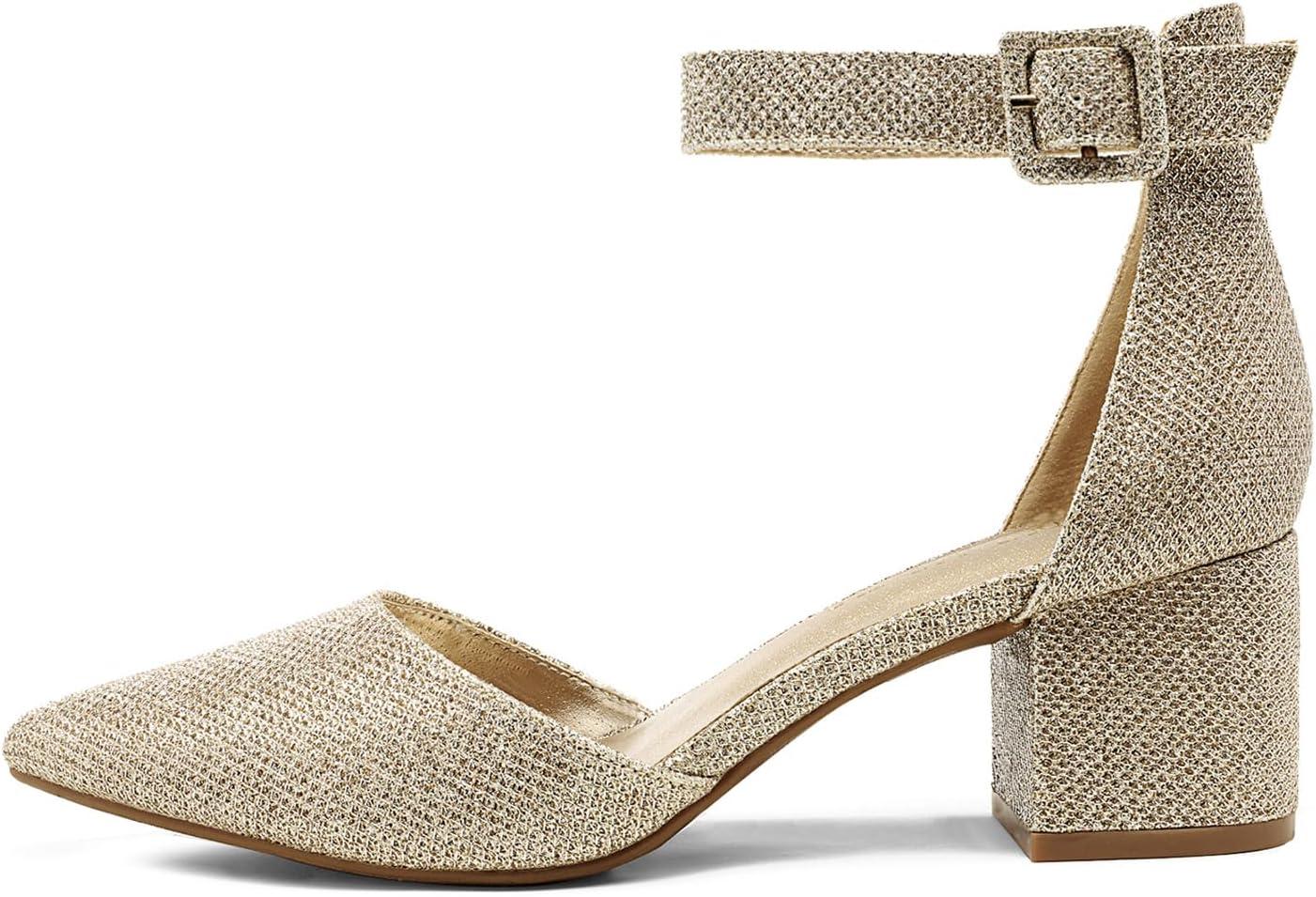 imageDREAM PAIRS ANNEE Pointed Toe Low Chunky Heels Pump ShoesGoldGlitter