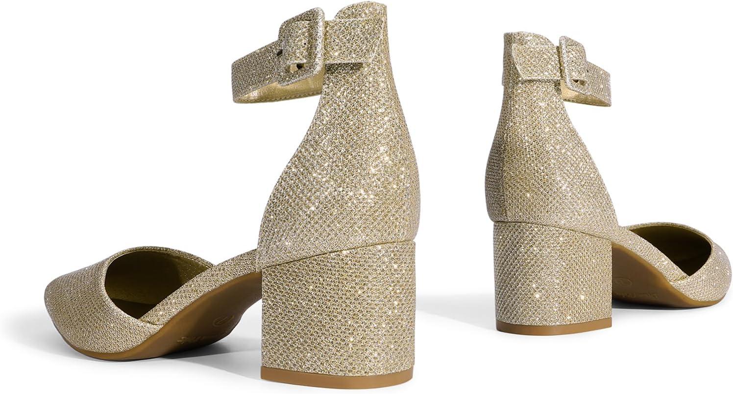 imageDREAM PAIRS ANNEE Pointed Toe Low Chunky Heels Pump ShoesGoldGlitter