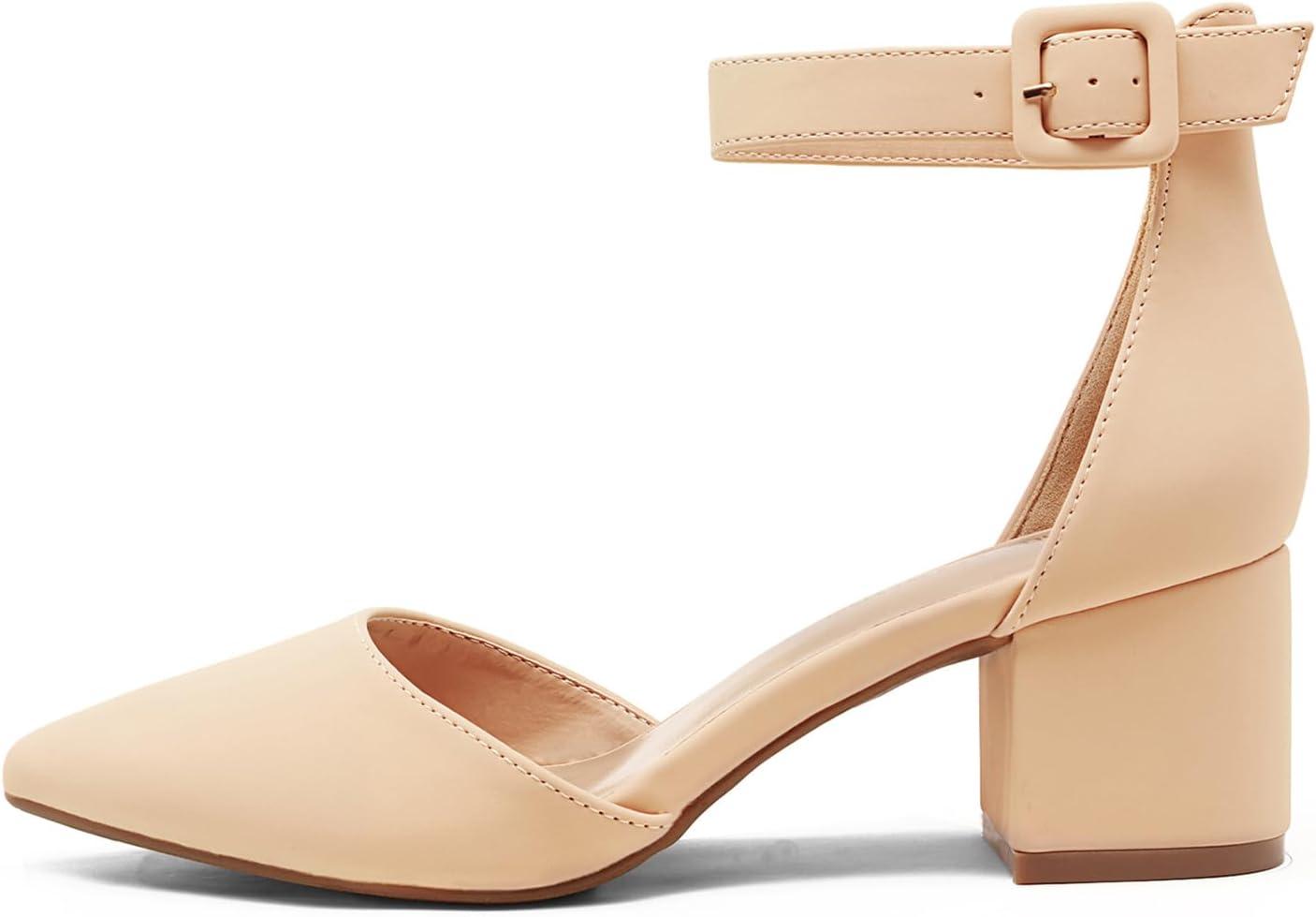 imageDREAM PAIRS ANNEE Pointed Toe Low Chunky Heels Pump ShoesNudeNubuck