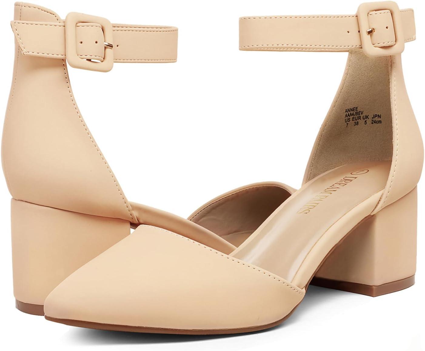 imageDREAM PAIRS ANNEE Pointed Toe Low Chunky Heels Pump ShoesNudeNubuck