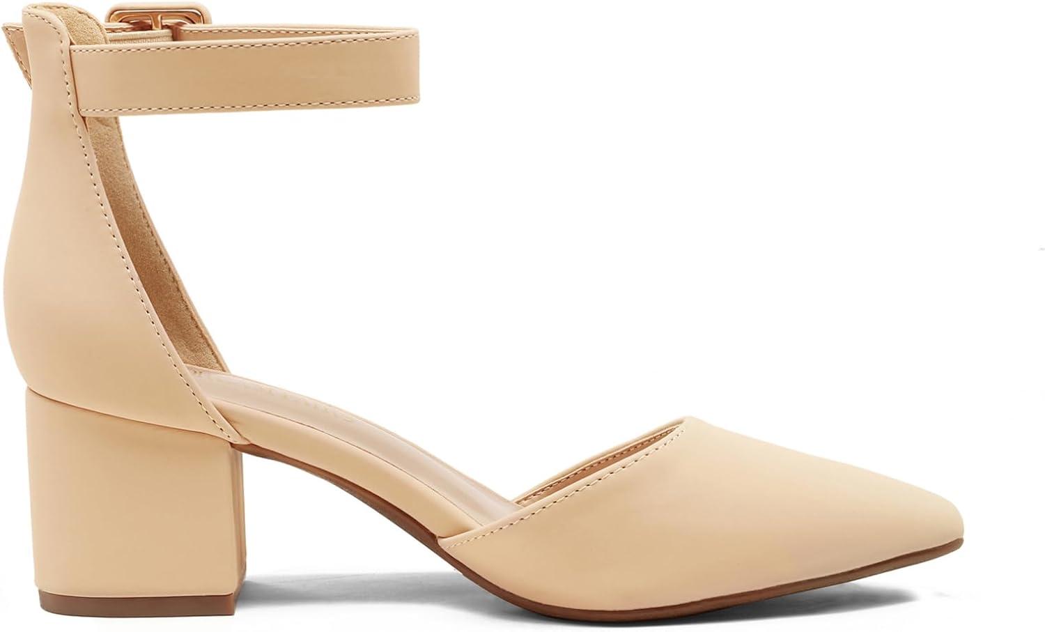 imageDREAM PAIRS ANNEE Pointed Toe Low Chunky Heels Pump ShoesNudeNubuck