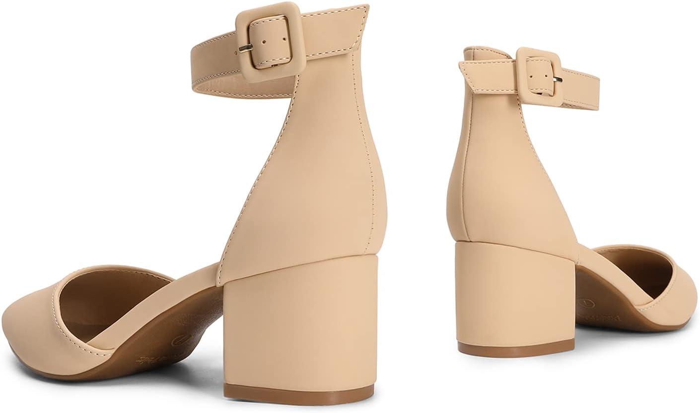 imageDREAM PAIRS ANNEE Pointed Toe Low Chunky Heels Pump ShoesNudeNubuck