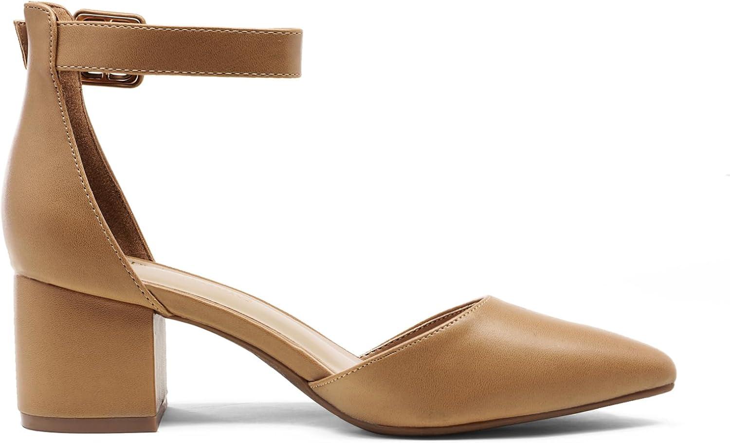 imageDREAM PAIRS ANNEE Pointed Toe Low Chunky Heels Pump ShoesNudePu