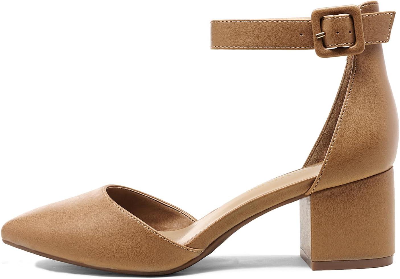 imageDREAM PAIRS ANNEE Pointed Toe Low Chunky Heels Pump ShoesNudePu