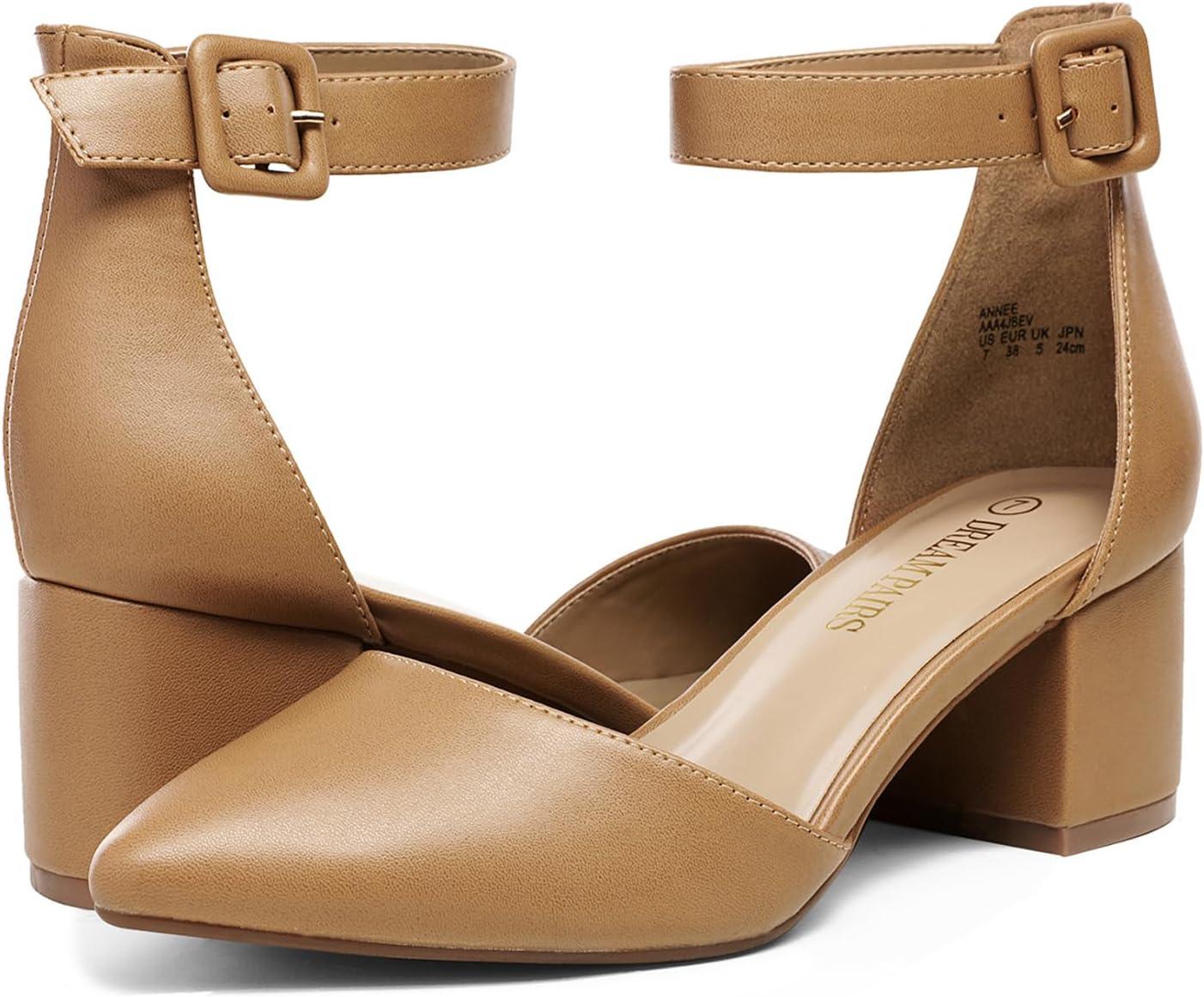 imageDREAM PAIRS ANNEE Pointed Toe Low Chunky Heels Pump ShoesNudePu