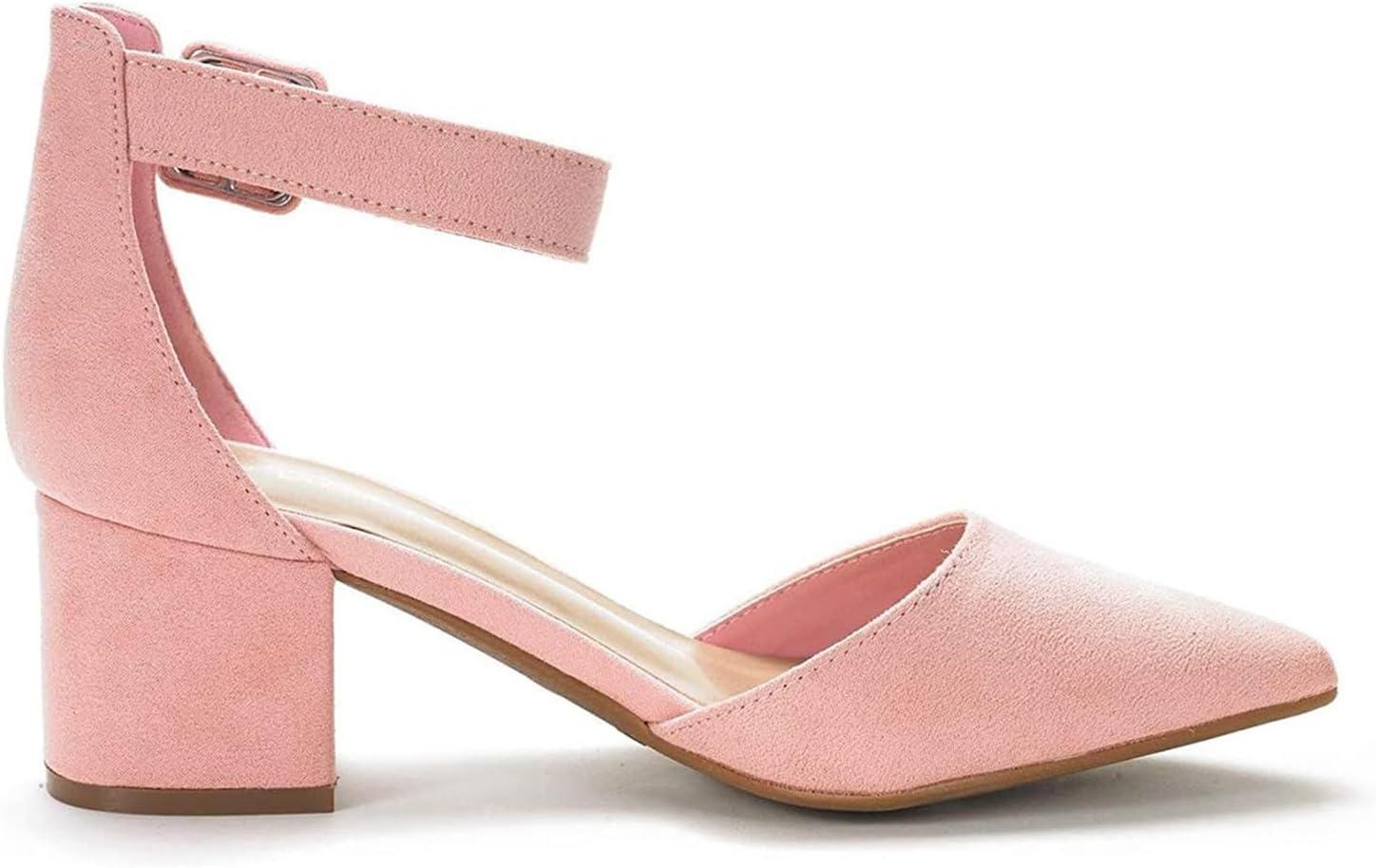 imageDREAM PAIRS ANNEE Pointed Toe Low Chunky Heels Pump ShoesPinkSuede