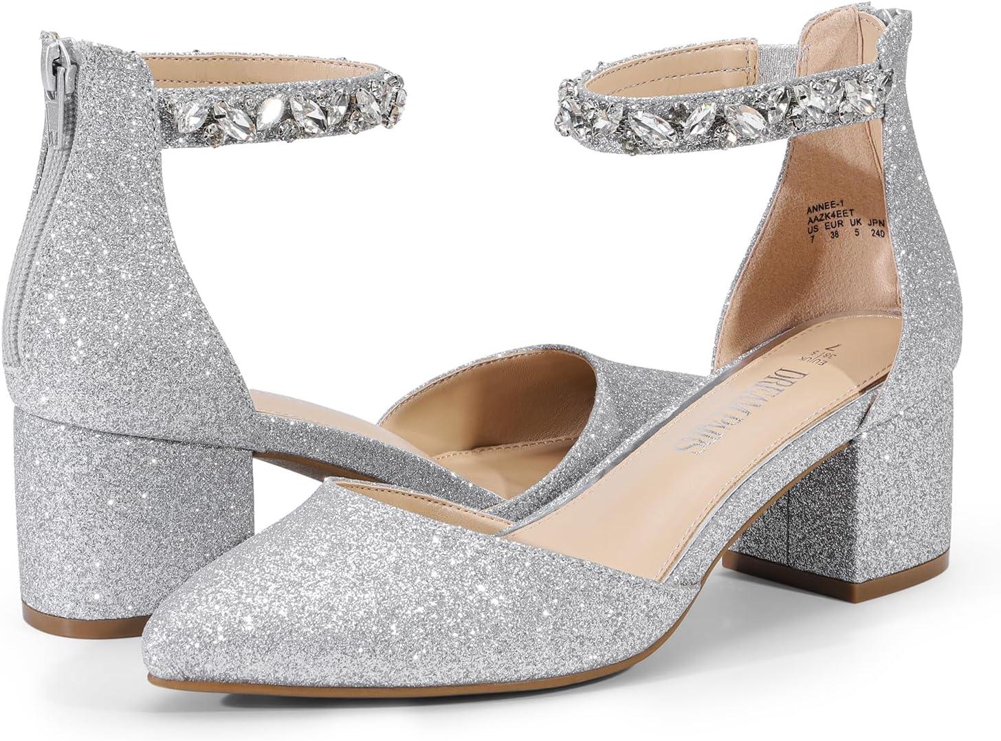 imageDREAM PAIRS ANNEE Pointed Toe Low Chunky Heels Pump ShoesSilverrhinestone