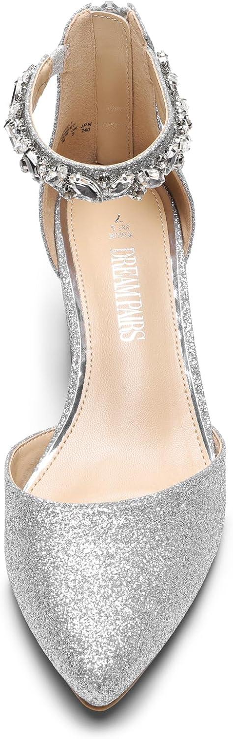 imageDREAM PAIRS ANNEE Pointed Toe Low Chunky Heels Pump ShoesSilverrhinestone