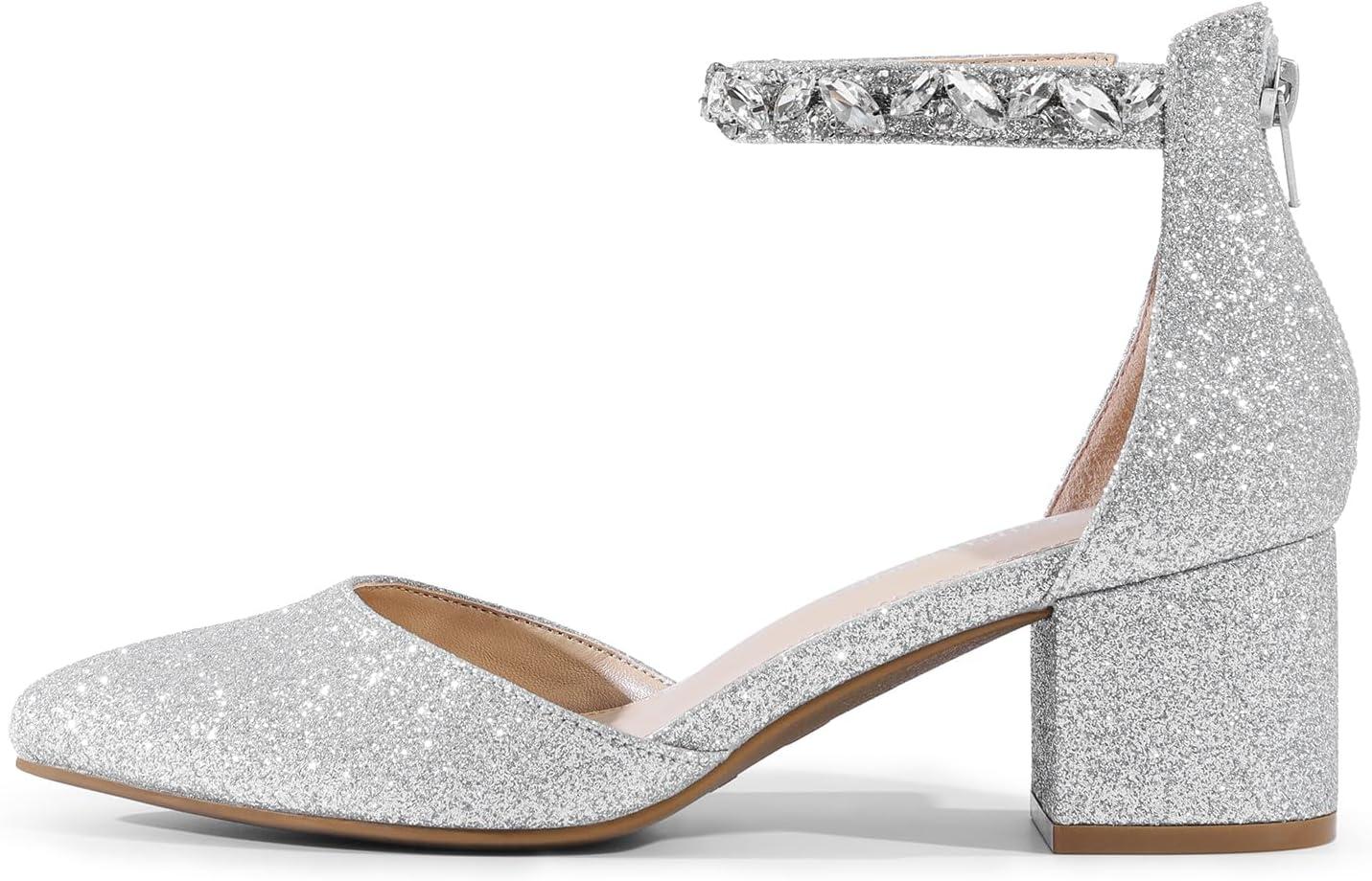 imageDREAM PAIRS ANNEE Pointed Toe Low Chunky Heels Pump ShoesSilverrhinestone