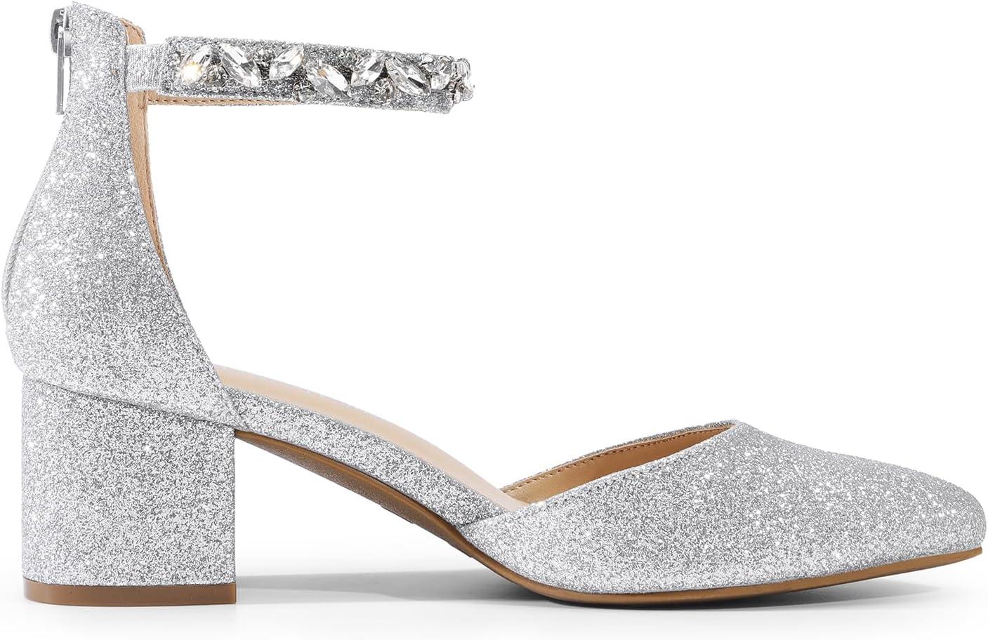 imageDREAM PAIRS ANNEE Pointed Toe Low Chunky Heels Pump ShoesSilverrhinestone