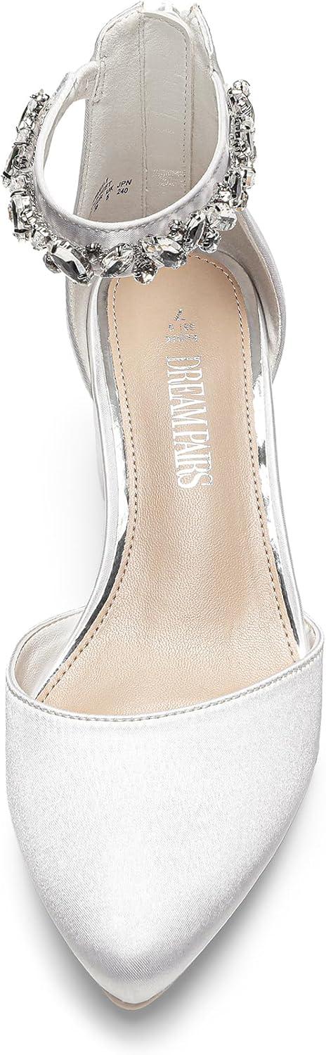 imageDREAM PAIRS ANNEE Pointed Toe Low Chunky Heels Pump ShoesWhiterhinestone