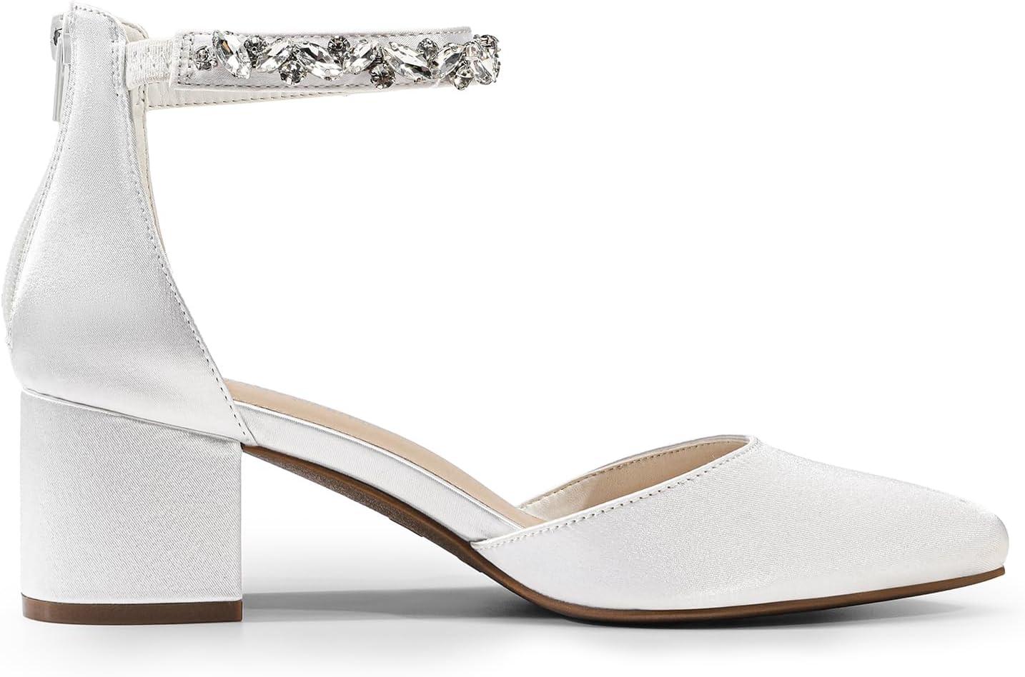 imageDREAM PAIRS ANNEE Pointed Toe Low Chunky Heels Pump ShoesWhiterhinestone