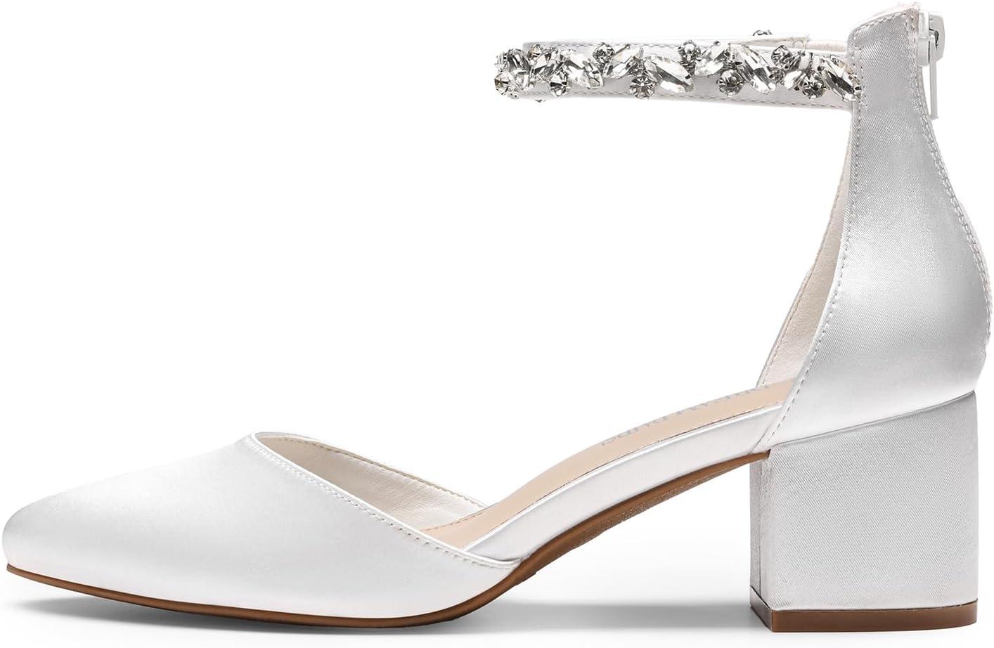 imageDREAM PAIRS ANNEE Pointed Toe Low Chunky Heels Pump ShoesWhiterhinestone