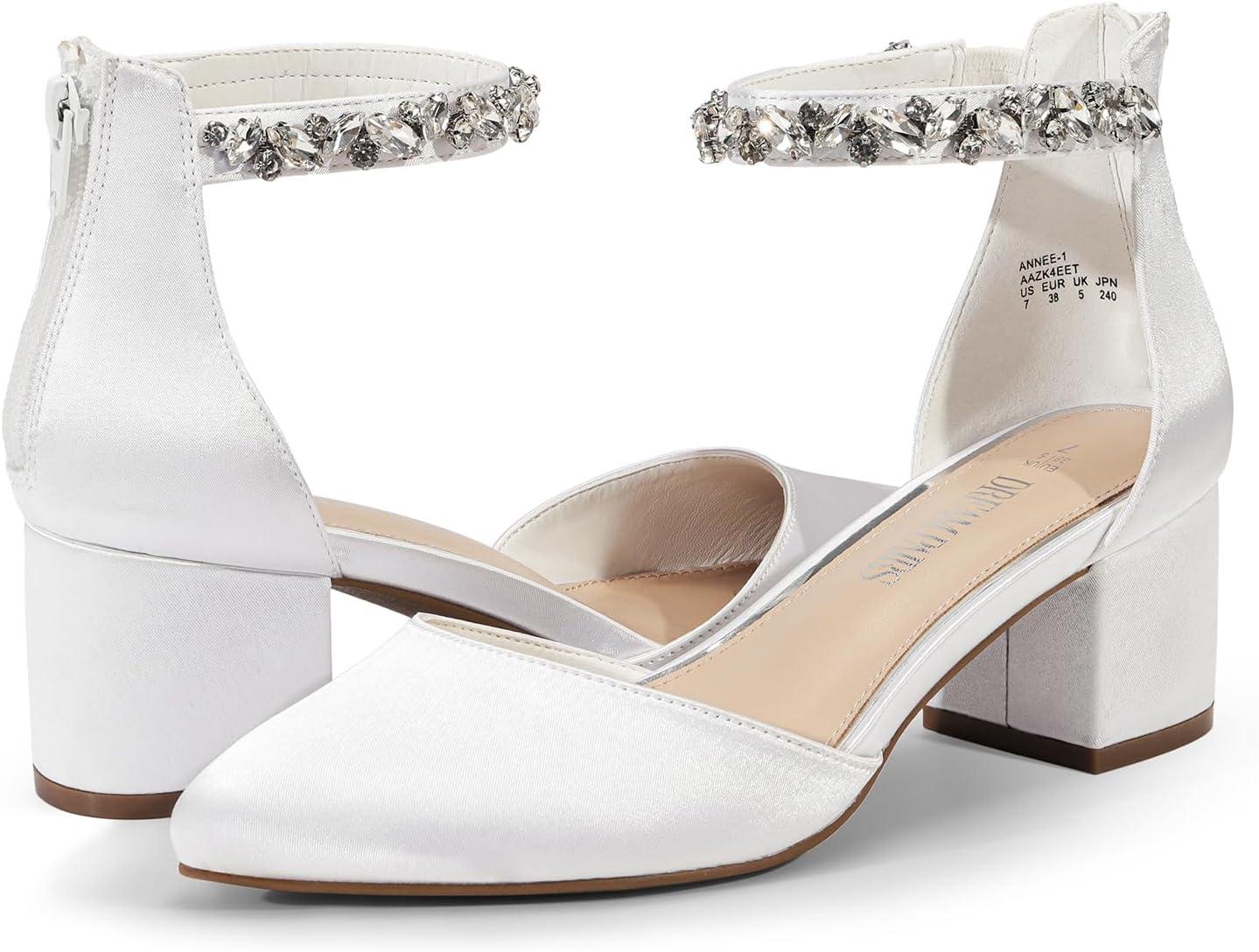 imageDREAM PAIRS ANNEE Pointed Toe Low Chunky Heels Pump ShoesWhiterhinestone