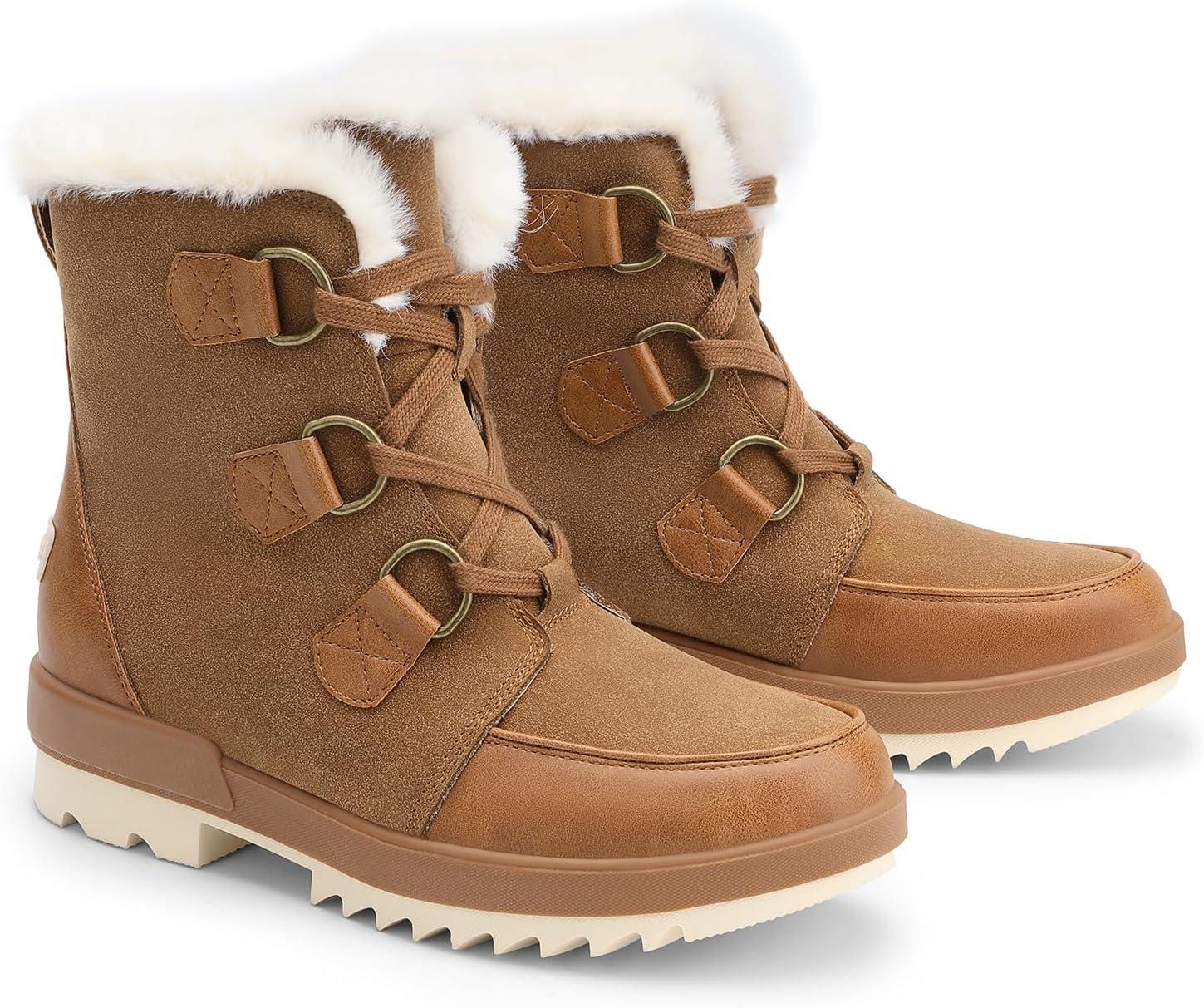 imageDREAM PAIRS Ankle Winter Boots for Women Snow Boots AntiSlip Resistant Classic Warm Faux Fur Lined Lace Up for Outdoor Hiking WalkingTan