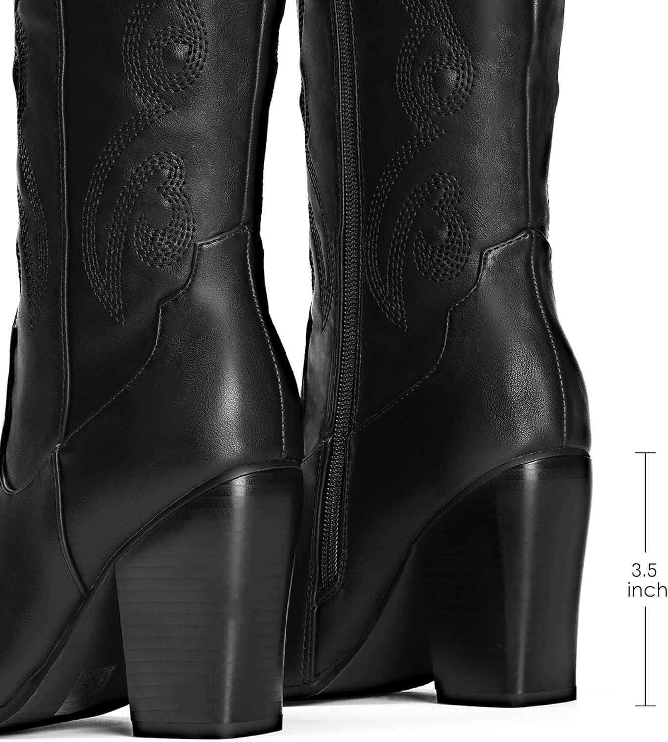 imageDREAM PAIRS Cowboy Boots For Women Comfortable Pull On Zipper Chunky Heel Pointed Toe Embroidered Western Cowgirl Knee High BootsBlack