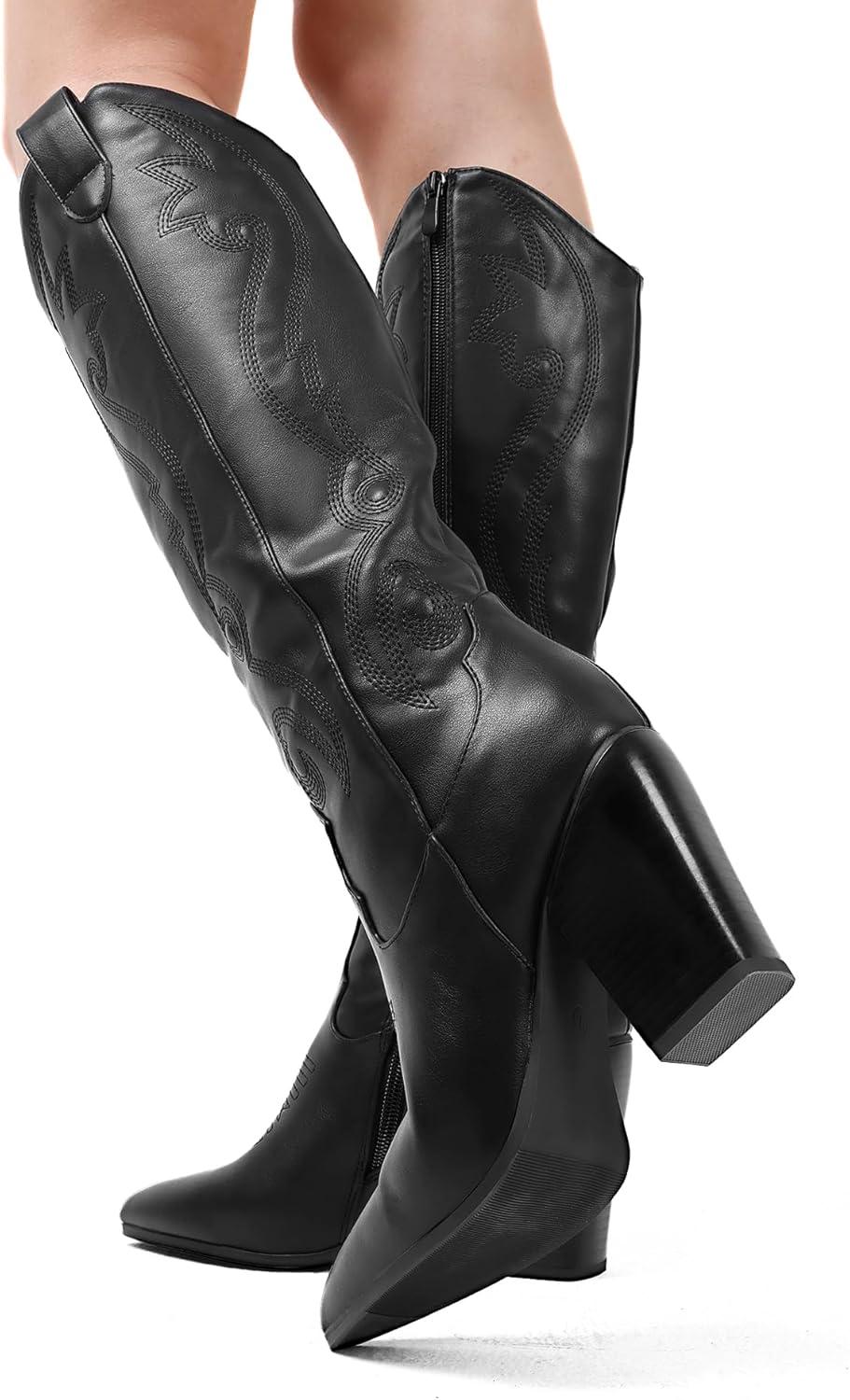 imageDREAM PAIRS Cowboy Boots For Women Comfortable Pull On Zipper Chunky Heel Pointed Toe Embroidered Western Cowgirl Knee High BootsBlack