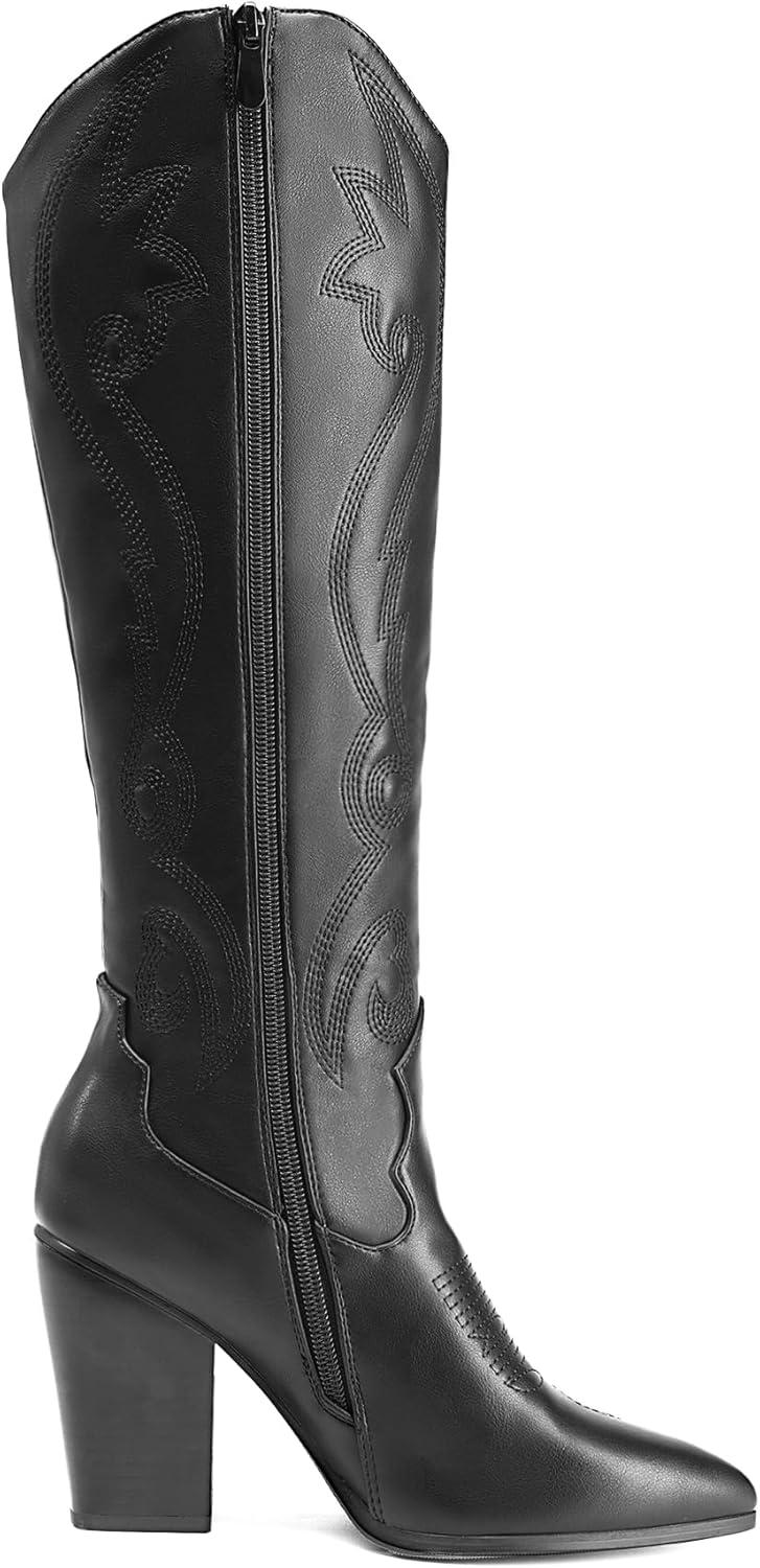 imageDREAM PAIRS Cowboy Boots For Women Comfortable Pull On Zipper Chunky Heel Pointed Toe Embroidered Western Cowgirl Knee High BootsBlack
