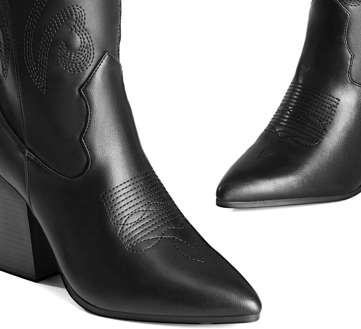 imageDREAM PAIRS Cowboy Boots For Women Comfortable Pull On Zipper Chunky Heel Pointed Toe Embroidered Western Cowgirl Knee High BootsBlack