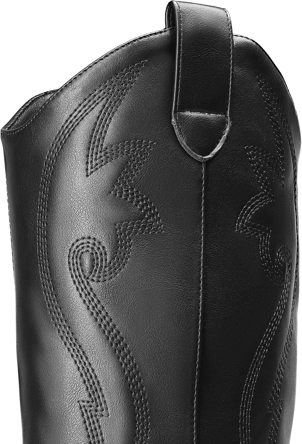 imageDREAM PAIRS Cowboy Boots For Women Comfortable Pull On Zipper Chunky Heel Pointed Toe Embroidered Western Cowgirl Knee High BootsBlack