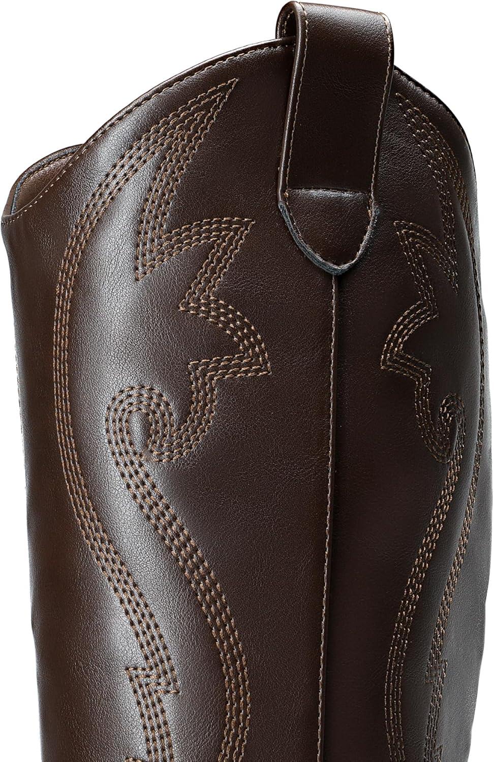 imageDREAM PAIRS Cowboy Boots For Women Comfortable Pull On Zipper Chunky Heel Pointed Toe Embroidered Western Cowgirl Knee High BootsBrown