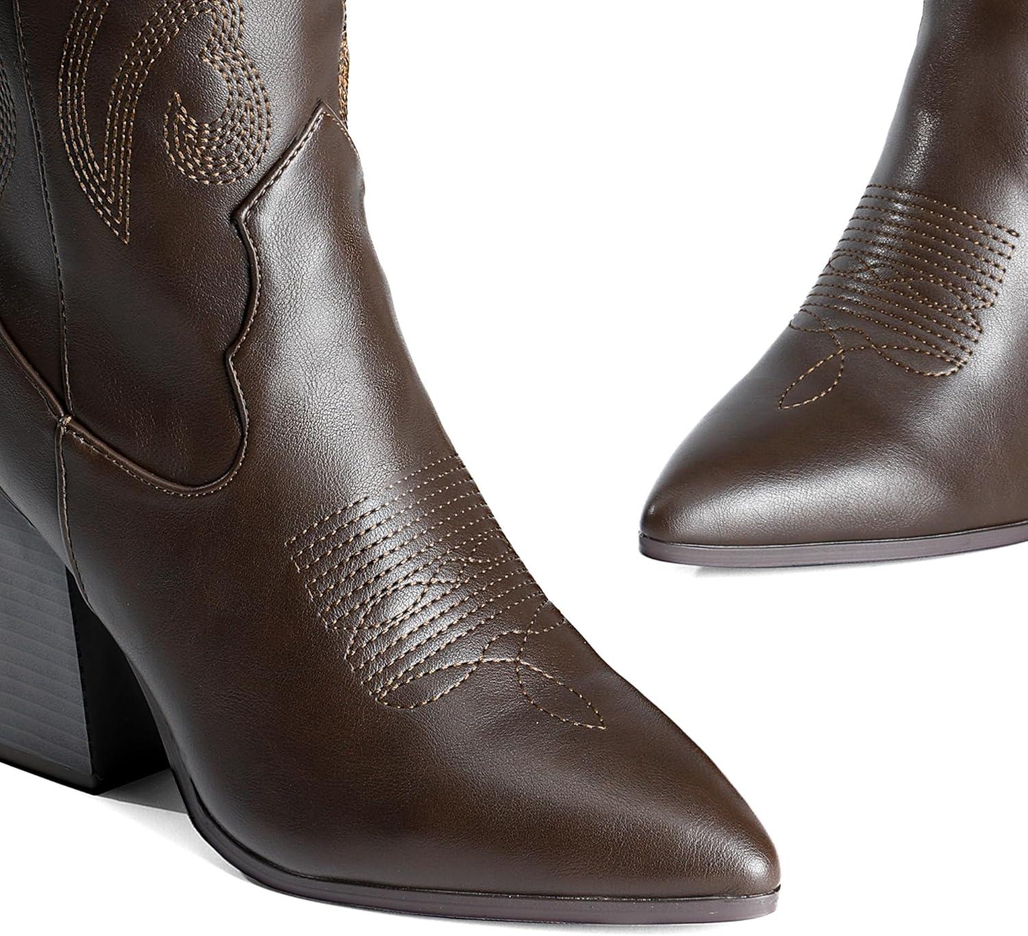 imageDREAM PAIRS Cowboy Boots For Women Comfortable Pull On Zipper Chunky Heel Pointed Toe Embroidered Western Cowgirl Knee High BootsBrown