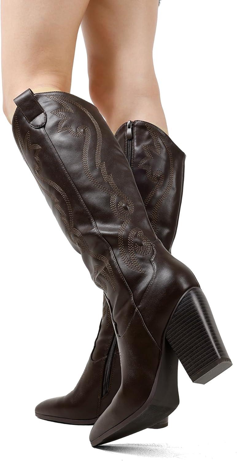 imageDREAM PAIRS Cowboy Boots For Women Comfortable Pull On Zipper Chunky Heel Pointed Toe Embroidered Western Cowgirl Knee High BootsBrown