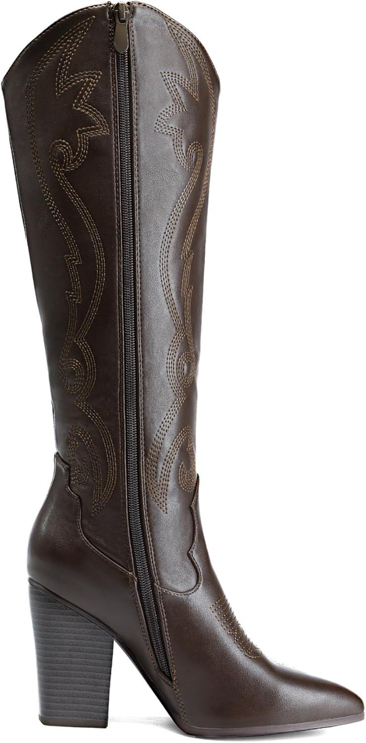 imageDREAM PAIRS Cowboy Boots For Women Comfortable Pull On Zipper Chunky Heel Pointed Toe Embroidered Western Cowgirl Knee High BootsBrown