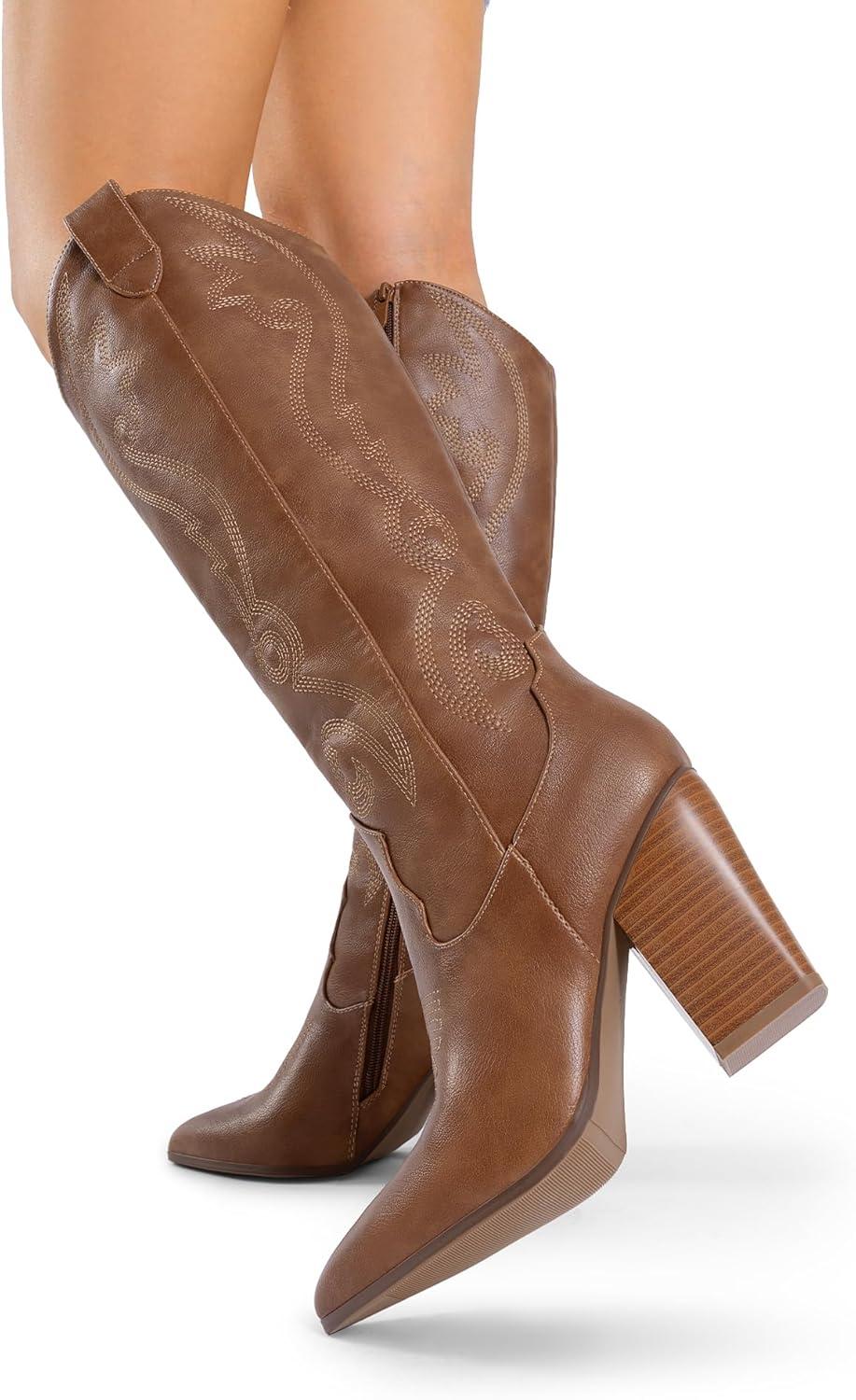 imageDREAM PAIRS Cowboy Boots For Women Comfortable Pull On Zipper Chunky Heel Pointed Toe Embroidered Western Cowgirl Knee High BootsLight Brown