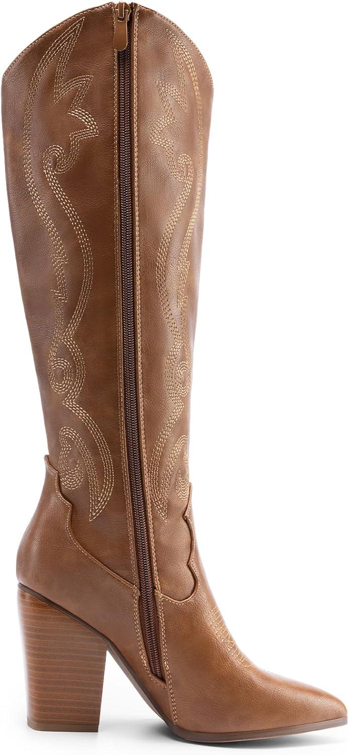 imageDREAM PAIRS Cowboy Boots For Women Comfortable Pull On Zipper Chunky Heel Pointed Toe Embroidered Western Cowgirl Knee High BootsLight Brown