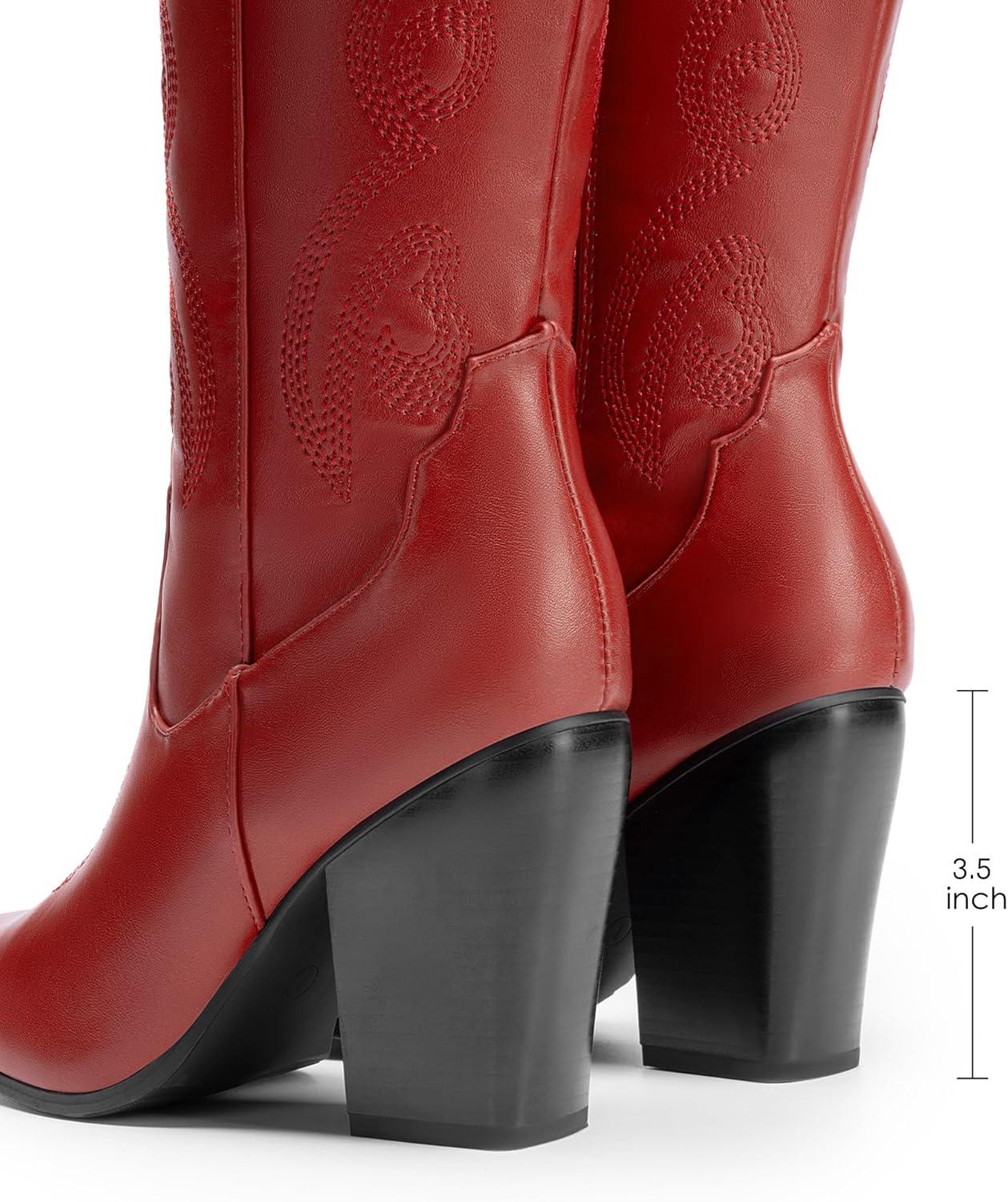 imageDREAM PAIRS Cowboy Boots For Women Comfortable Pull On Zipper Chunky Heel Pointed Toe Embroidered Western Cowgirl Knee High BootsRedpu