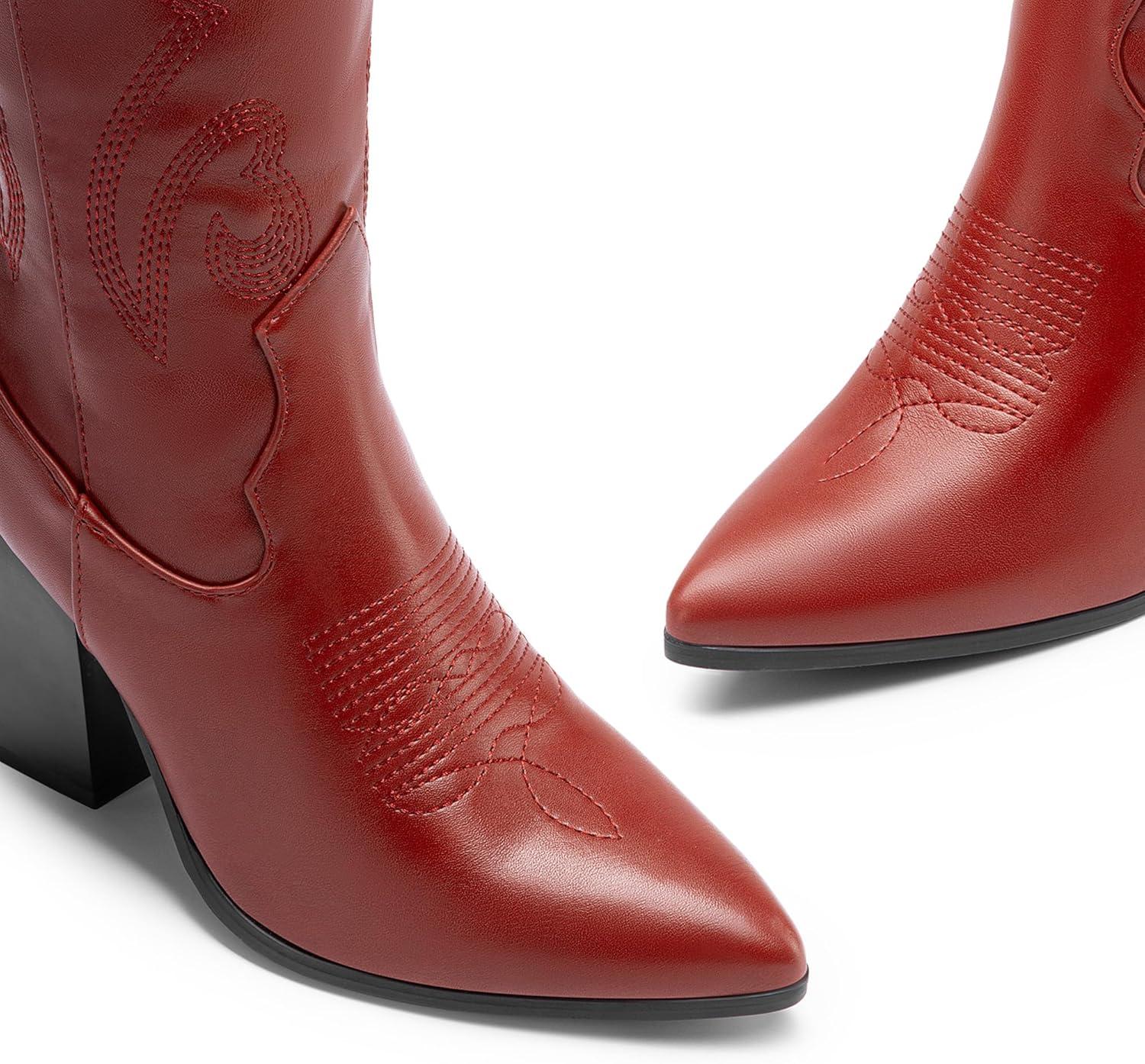 imageDREAM PAIRS Cowboy Boots For Women Comfortable Pull On Zipper Chunky Heel Pointed Toe Embroidered Western Cowgirl Knee High BootsRedpu