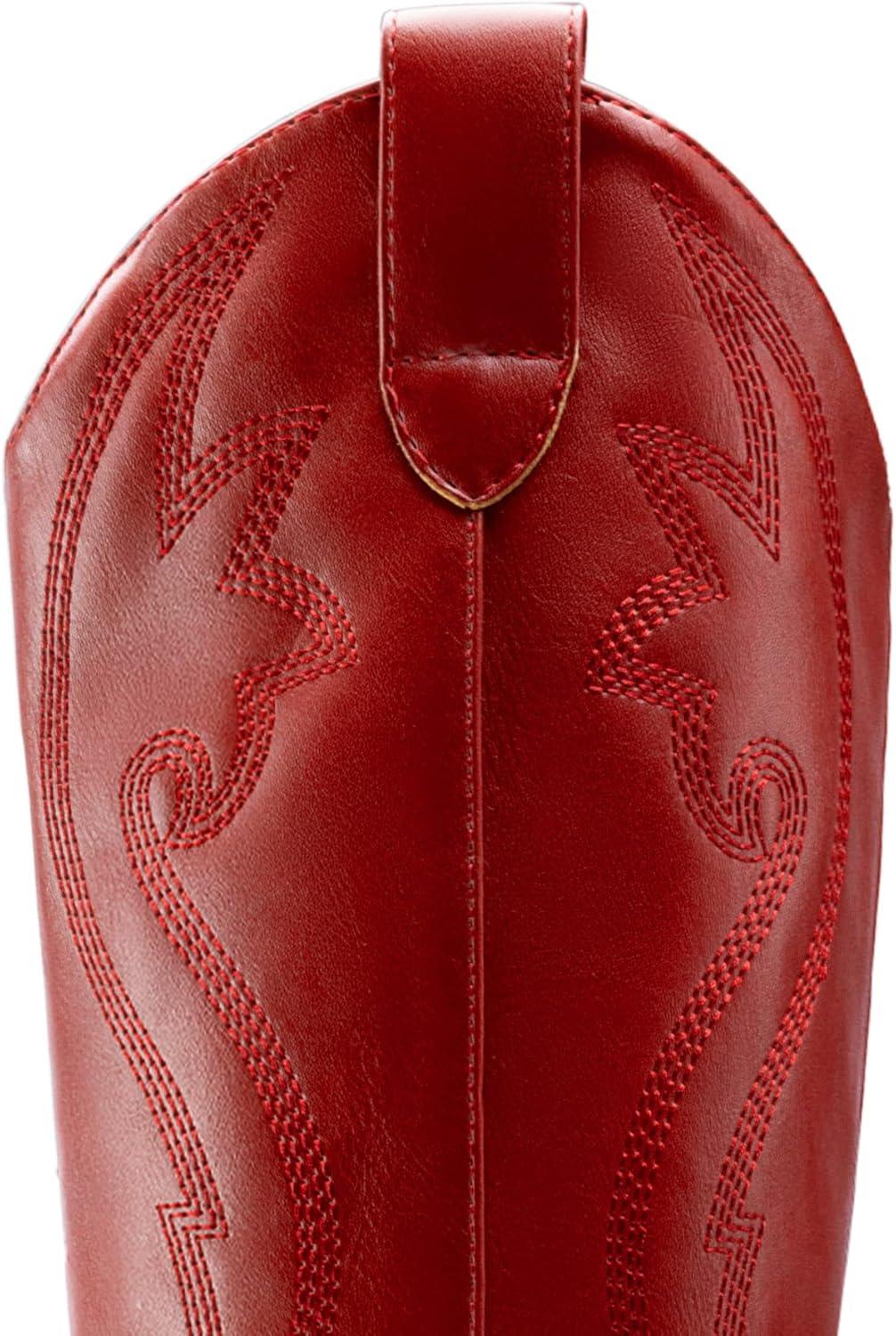 imageDREAM PAIRS Cowboy Boots For Women Comfortable Pull On Zipper Chunky Heel Pointed Toe Embroidered Western Cowgirl Knee High BootsRedpu