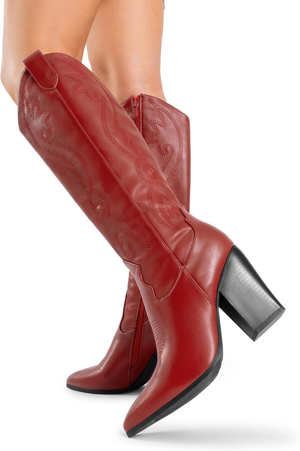 imageDREAM PAIRS Cowboy Boots For Women Comfortable Pull On Zipper Chunky Heel Pointed Toe Embroidered Western Cowgirl Knee High BootsRedpu