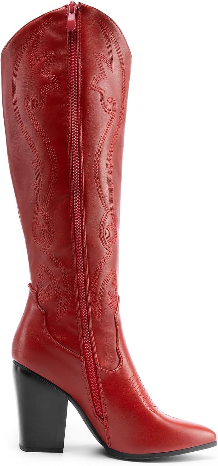 imageDREAM PAIRS Cowboy Boots For Women Comfortable Pull On Zipper Chunky Heel Pointed Toe Embroidered Western Cowgirl Knee High BootsRedpu